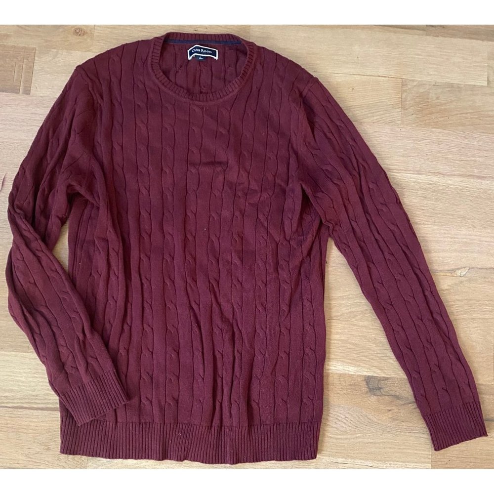 CLUB ROOM - CABLE KNIT CREWNECK SWEATER - 100% COTTON - BURGUNDY - SMALL